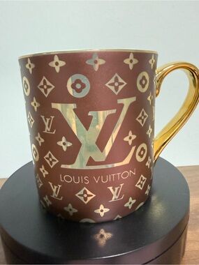 Designer Brown & Gold Monogram Ceramic Mug with Gold Handle